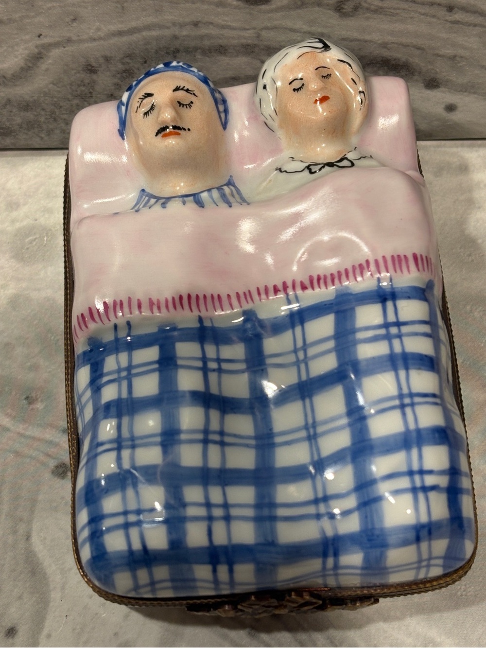 Limoges France Hand-Painted Porcelain Box Couple in Bed Wedding Rings Hinged Bow